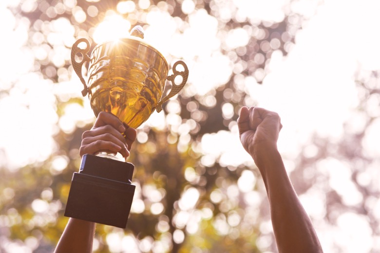 person holding trophy in the air